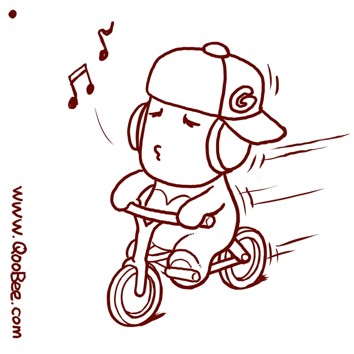 Sketch of Greenie happily riding a bicycle and humming