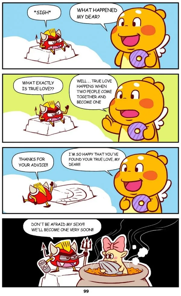 Four-panel colour comic of QooBee and Mr Devil