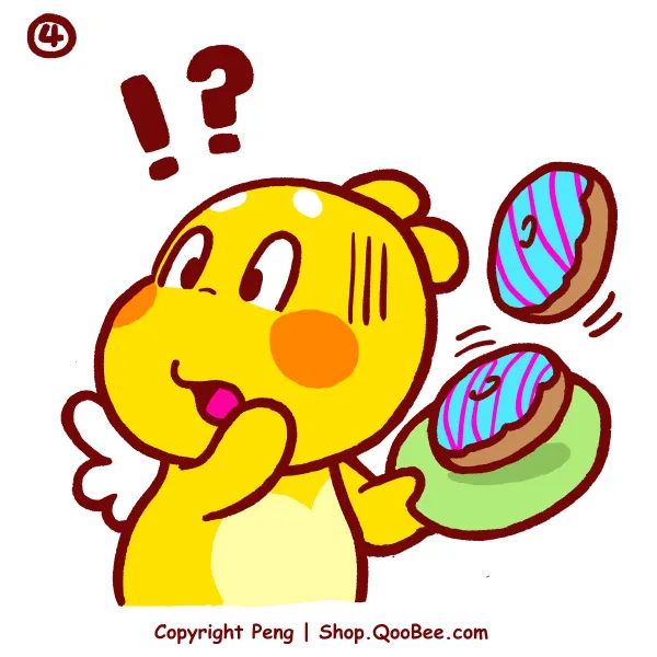 QooBee jumps in shock and the donuts fly off his plate