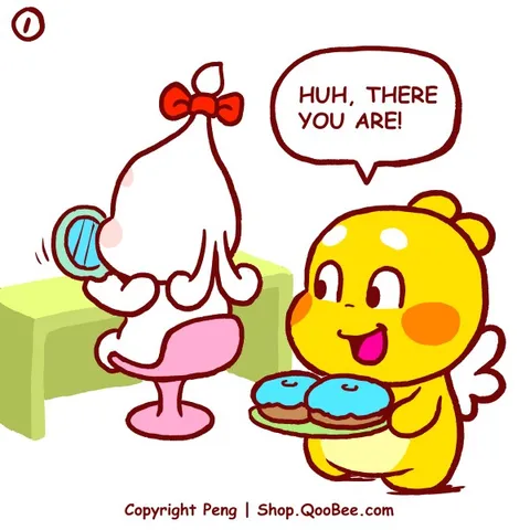QooBee arrives with donuts and says: Huh, there you are! Jeanie sits at her dressing table with her back to him