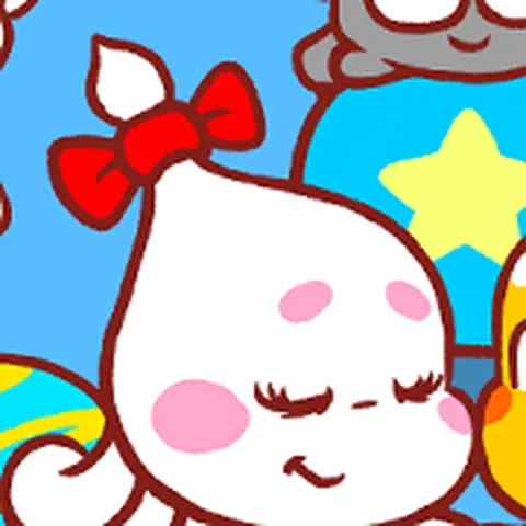 Jeanie, white with a red bow on her top-knot and pink cheeks, smiling with her eyes closed