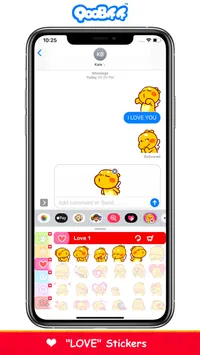 App Store screenshot: QooBee "Love" stickers in an iMessage chat
